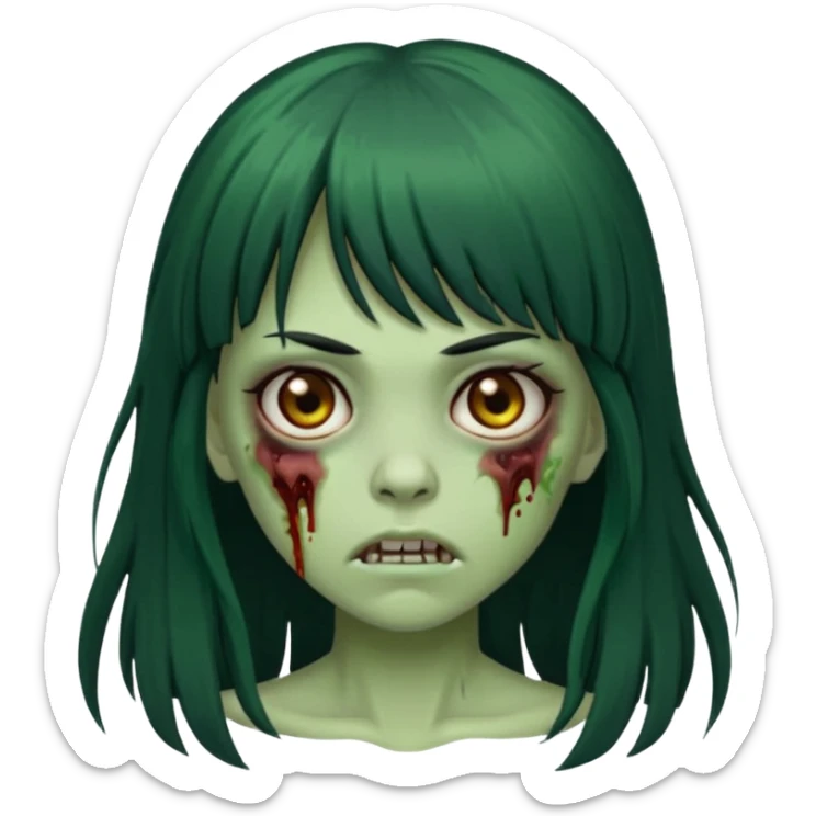 Zombie emoji girl, skin green, black long hair with bangs black, brown eyes  sticker