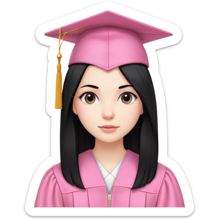 White girl with long long straight black tine wearing pink graduation clothes sticker