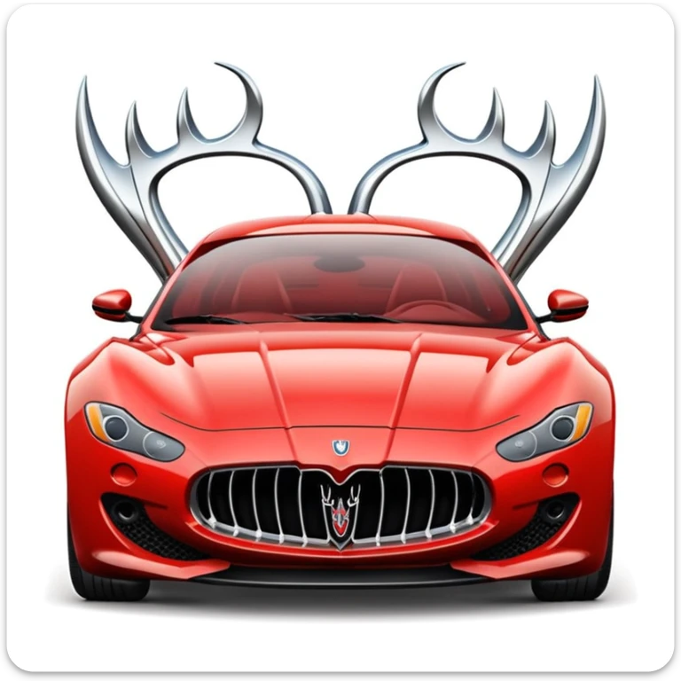 sleek stylized emoji of a Maserati sports car with exaggerated curves, bold grille, iconic trident logo, minimal lines, vibrant shading, emoji aesthetic, emphasizing speed and elegance on a clear white or light gray background sticker
