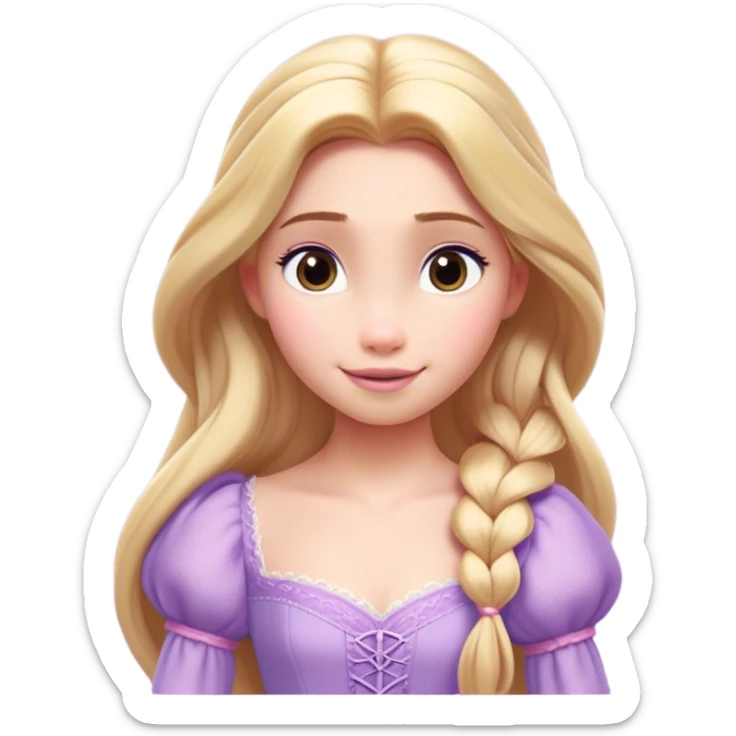 Cinematic Realistic Rapunzel Portrait, with porcelain-like skin featuring a subtle, natural glow, illuminated by soft lighting that brings out the gentle contours of her face. Her long, golden blonde hair cascades in detailed waves, each strand highlighted with a radiant shimmer as it catches the light. Her bright, expressive green eyes exude curiosity and warmth, framed by delicate lashes and soft, arched brows. Her expression is playful and vibrant, with a gentle smile. She is dressed in her classic lavender and pink gown, the fabric textured with delicate folds that flow naturally, catching the light with a soft, radiant glow. The portrait captures a luminous, enchanting aura, seamlessly blending realism with a whimsical, fairytale charm, evoking a timeless sense of beauty and magic. sticker