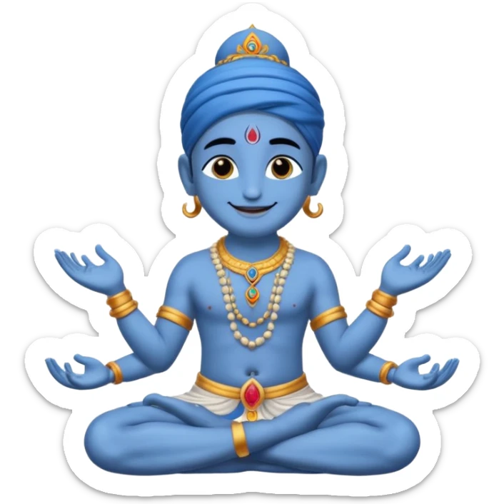 Krishna with blissful smile, sitting in meditation, blue skin, emoji style sticker