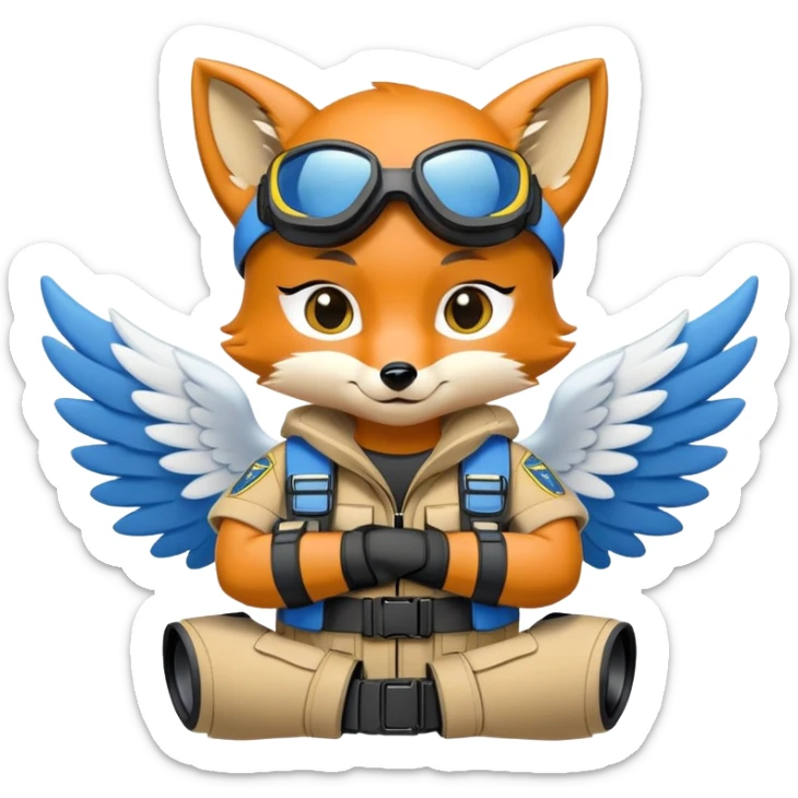 barbie cute Goon female Fox wearing AFU and NVGs. A fox with wings, an angel behind, and arms crossed on the chest,  special ops cartoon design, blue and yellow style,  2d vector art, white borders, contour, solid background sticker