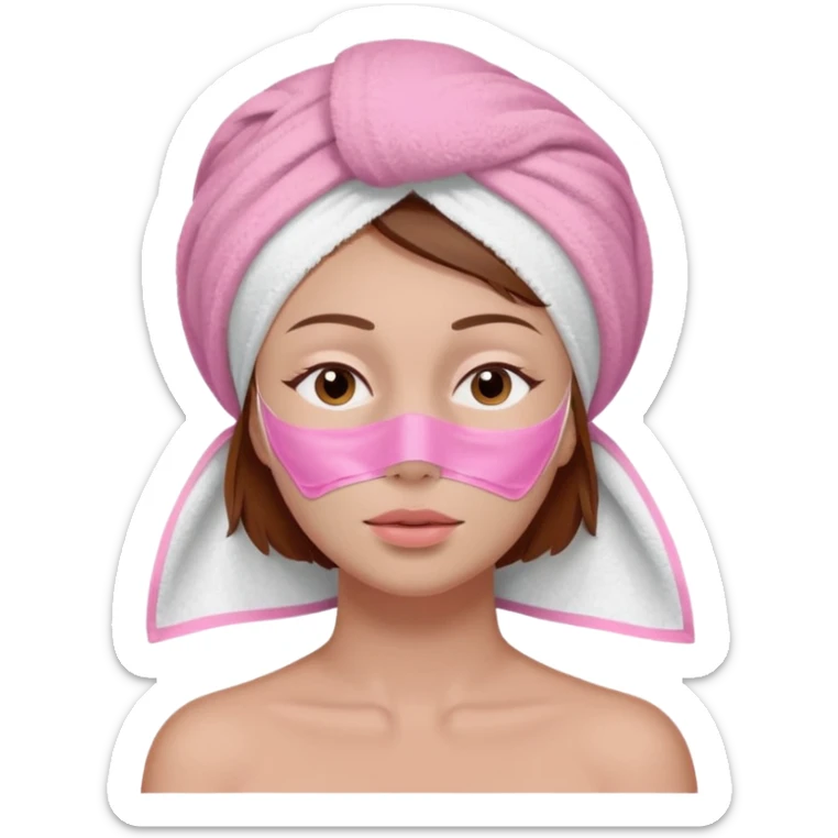 A woman with brown hair partially visible beneath a white towel wrapped around her head. Her face is covered with a pink skincare mask applied to the T-zone and cheeks. She has a calm, content expression with her eyes closed sticker