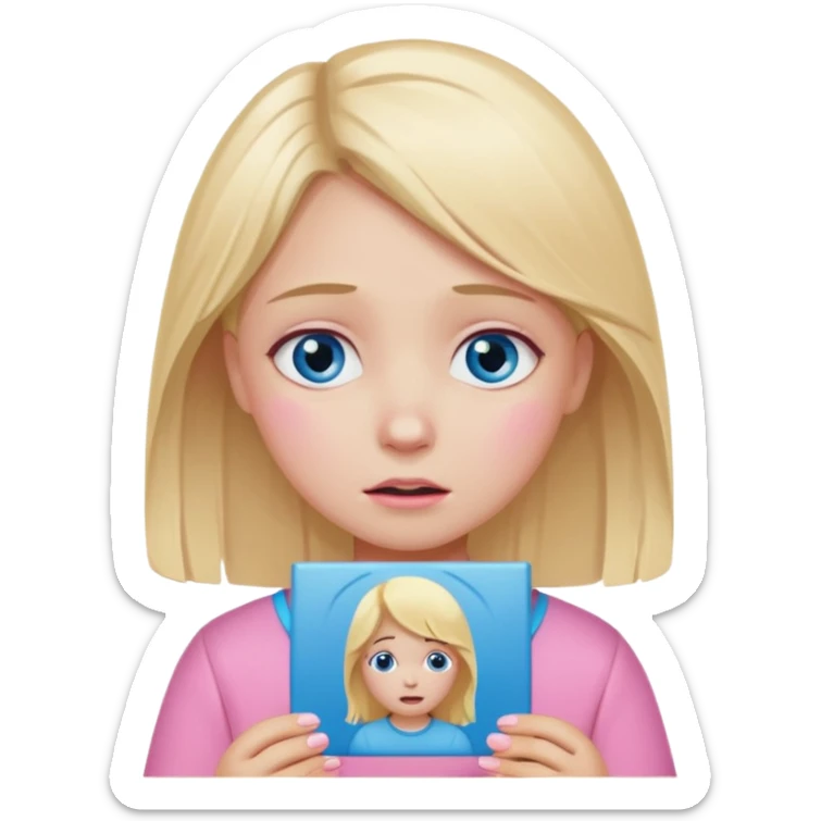 Blond hair girl with blue eyes in pink holding picture of kids and crying sticker