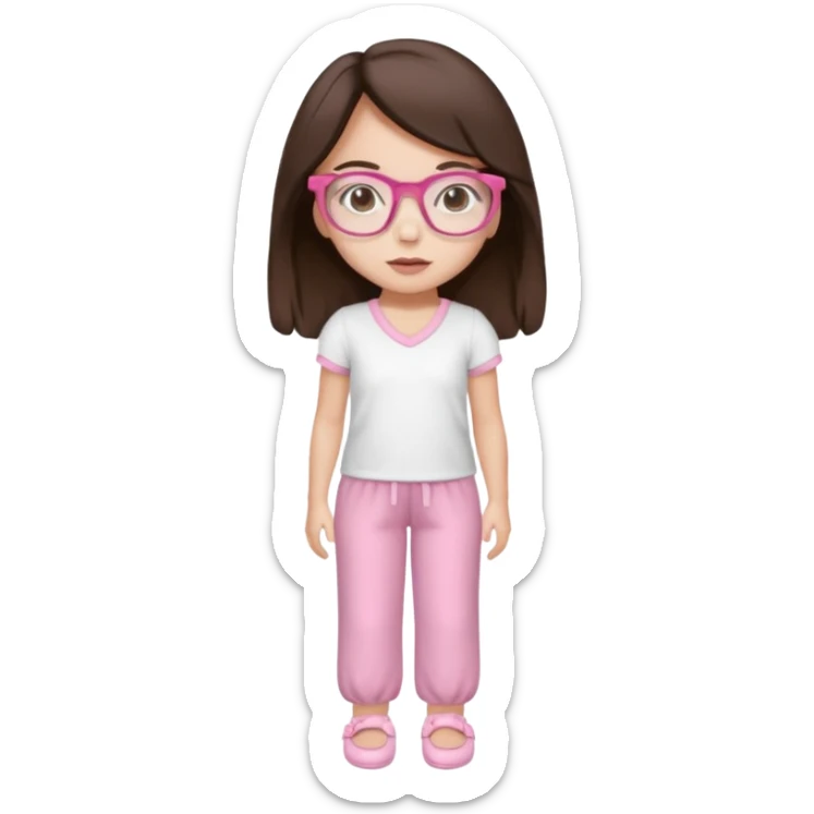 Girl with dark brown hair, light skin, brown eyes, wearing a miu miu glasses the brown ones, and wearing a top in white with a pair of pyjama pants in pink and a slipper in white  sticker