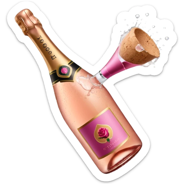 bottle of sparkling rosé champagne with a rose logo on the label, with the cork popping out, tilted up and to the left, no glass sticker