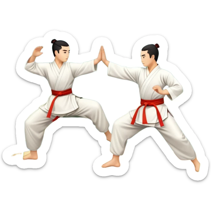 Two martial artists in traditional Wushu attire, performing elegant, fluid moves. The background shows a peaceful, scenic landscape with mountains and bamboo trees, symbolizing the balance of power and grace in Wushu.  sticker