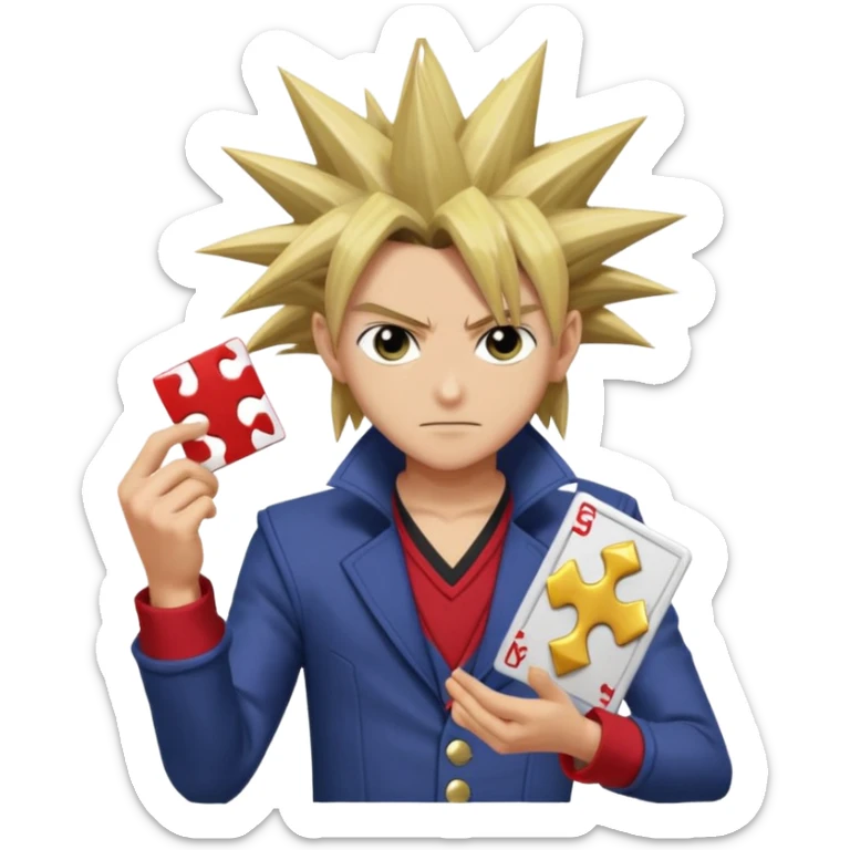 Yugi from Yu-Gi-Oh as an emoji, focused dueling pose, holding a card, spiky hair, Millennium Puzzle visible sticker