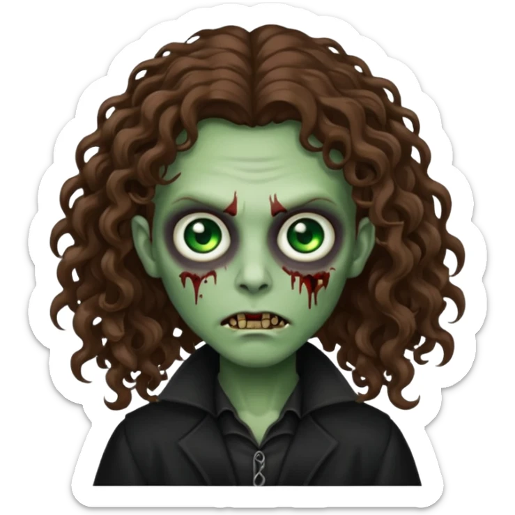 long curly haired zombie with brown hair color and green eye color, with dark vampire clothes sticker