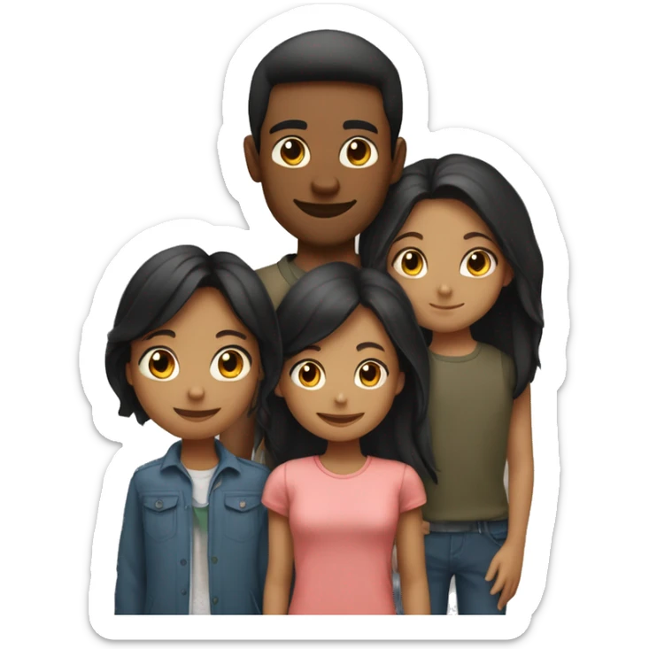 An emoji of a loving brother and sister standing side by side, the sister being short with long straight hair, and the brother tall with black hair styled upward, broad shoulders, and both showing warm smiles sticker