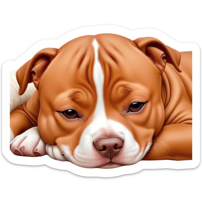 Meme-Worthy Cute Sleeping Red/Fawn Staffordshire Bull Terrier Portrait Emoji, Head resting peacefully with a contented smile, showcasing a delightfully compact build and a luxuriously soft red/fawn Fur with subtle white highlights, eyes shut in a serene nap, Simplified yet hilariously adorable features, highly detailed, glowing with a soft, drowsy light, high shine, relaxed and utterly lovable, stylized with an air of playful laziness, bright and heartwarming, soft glowing outline, capturing the essence of a comically sleepy guardian, so meme-worthy it feels like it could instantly become the next viral sensation of adorable slumber! sticker