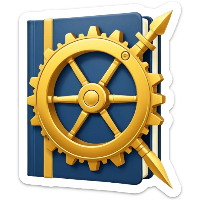 Un libro azul navy con detalles dorados, bordes metálicos y un gear dorado con una flecha ascendente como productividad en la portada, irradiando productividad, estrategia y éxito en movimiento (book of productivity) sticker