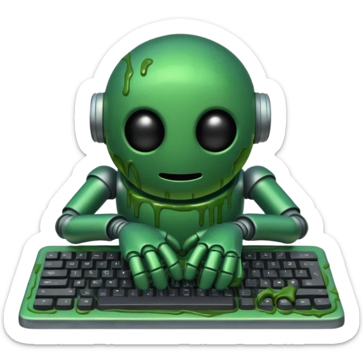 An emoji of a green robot melting away covered in thick green sludge sad and depressed, crawling out of a keyboard.  sticker