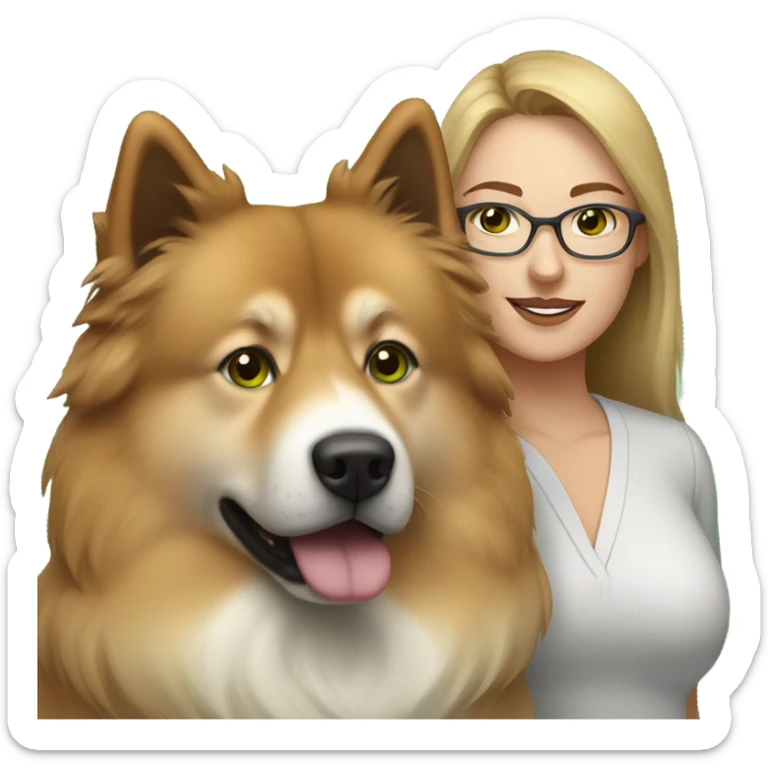 Brown light hair woman aux Green eyes with glasses Green eyes and White eurasier dog  sticker