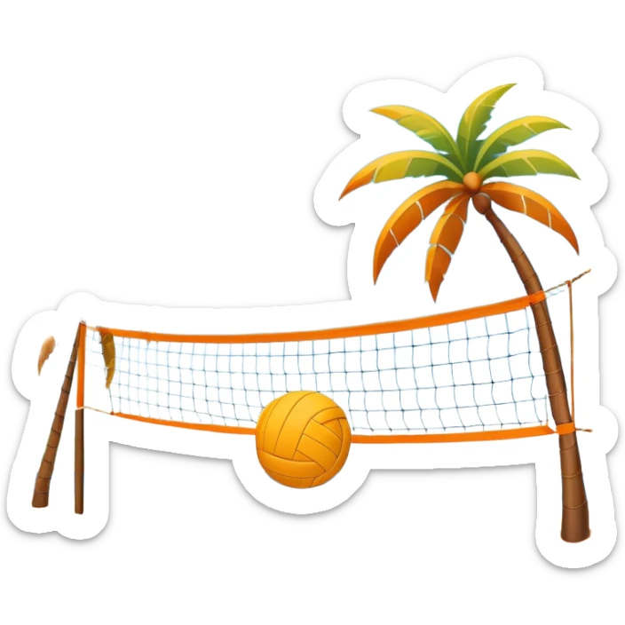 A volleyball resting on the orange sand of a beach, with a volleyball net in the background. The scene captures a sunny beach atmosphere with clear blue sea and sky, palm trees swaying, and people in swimsuits enjoying the vibrant surroundings sticker
