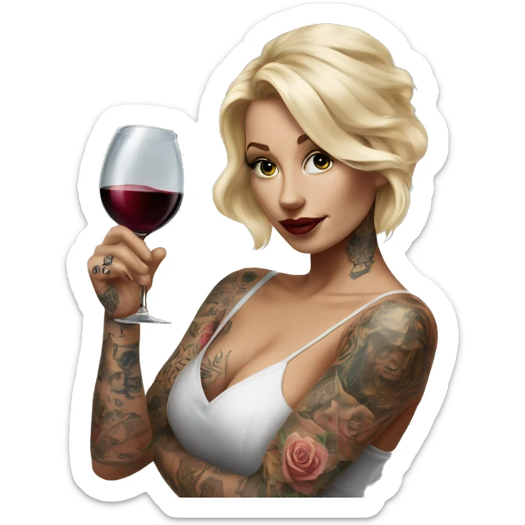 Blonde elegant women, her body covered with tattoos, wine in her one hand, pointing on you with her other hand , Hyper realistic sticker