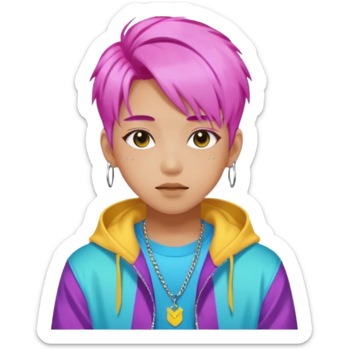 portrait of young idol in Kpop style, wearing flashy streetwear outfit, colorful dyed hair sticker