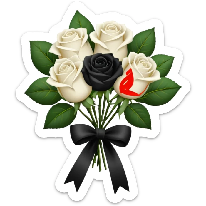 a bunch of white roses tied with a black velvet ribbon sticker