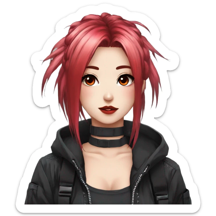 Gorgeous techwear anime style lady with blushing face aesthetic and pretty edgy black red punk hair with hair garment trending style sticker