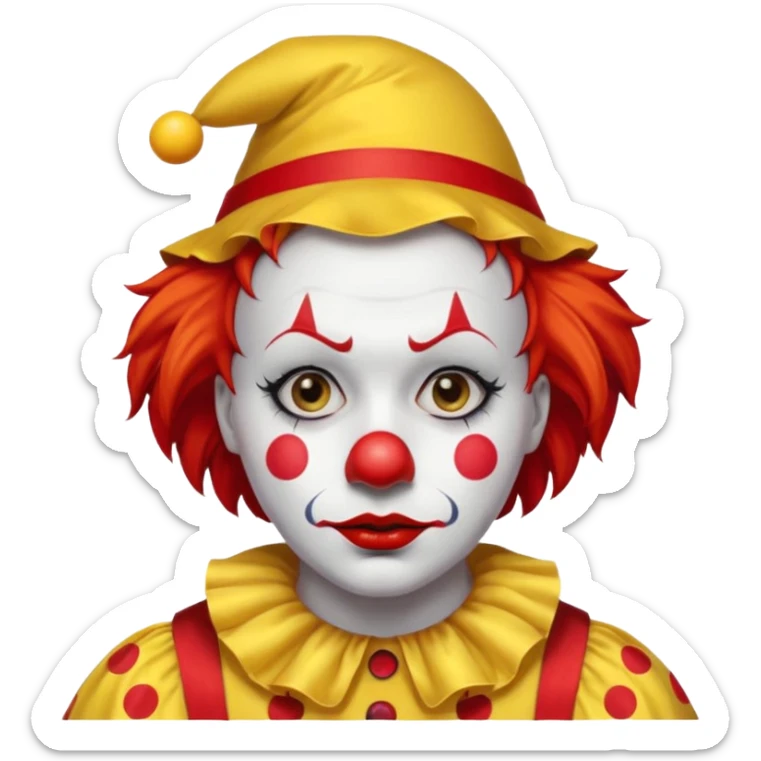 Yellow pointed hat with a red tip.

Red hair sticking out on the sides.

White face paint with black eyebrows, red nose, and red lips.

Wearing a yellow clown costume with red buttons.

Sad, concerned expression. sticker