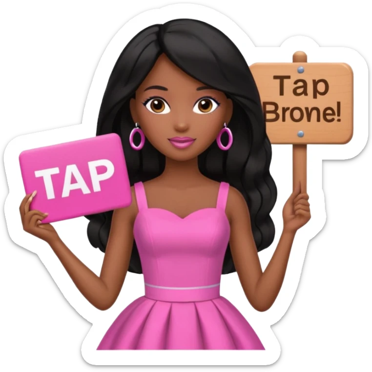 Black barbie, long black  hair, pink dress holding sign, that says tap sticker