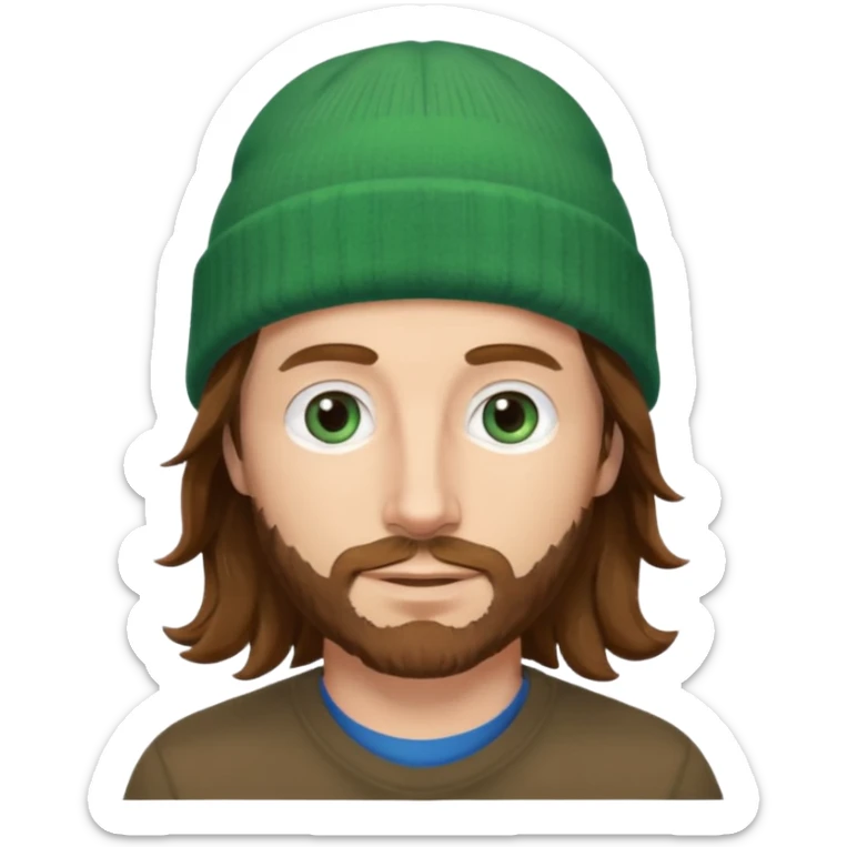 white man
aged 40
Blue eyes, 
mid length brown wavy hair
Green beanie hat sticker