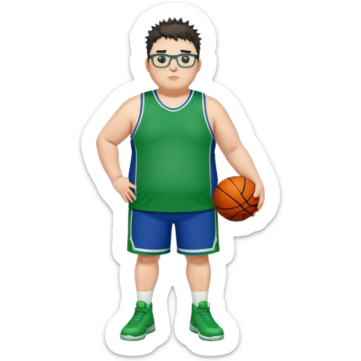 Full Body overweight white male with dark short spike hair basketball player wearing glasses wearing blue green uniform sticker