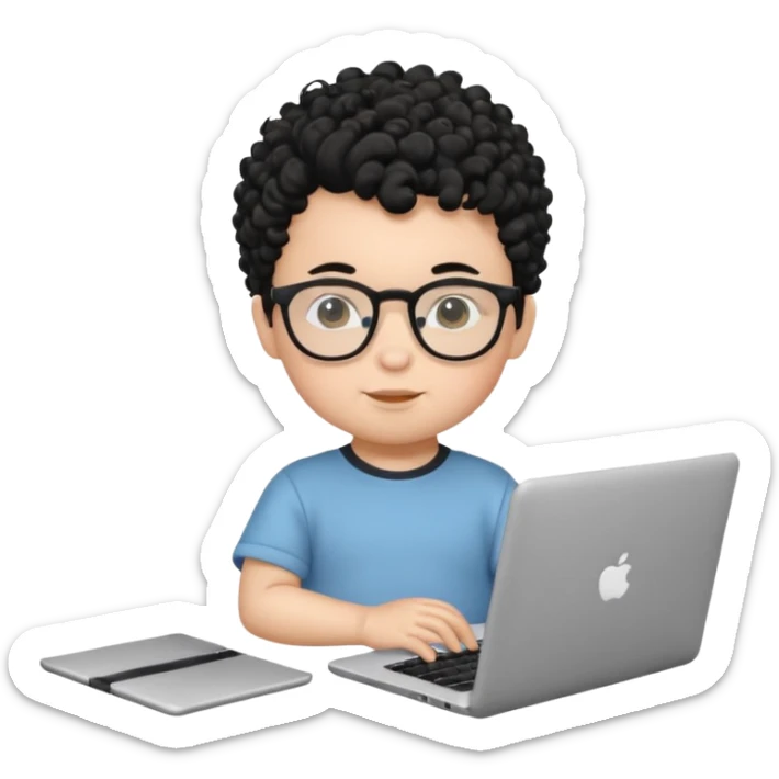 A baby boy DEVELOPER WITH A laptop, black curly hair and topknot, wearing glasses sticker