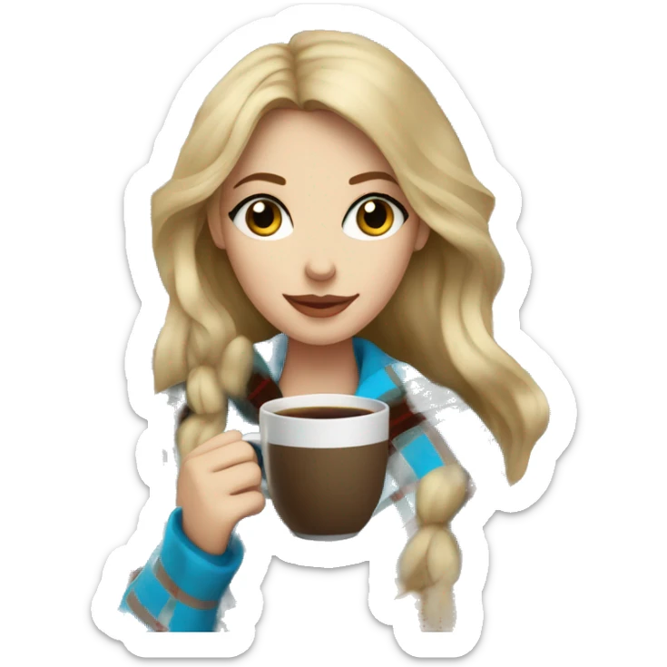 Dark blonde hair woman with blue eyes wrapped in plaid blanket drinking coffee sticker