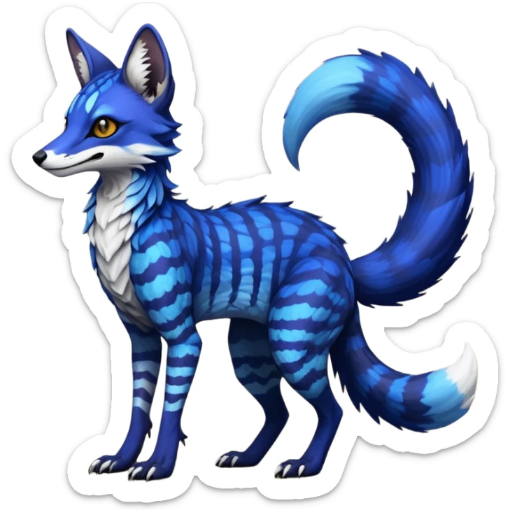 Feral Rare Fantasy scaled scaly evil spooky vibrant dark shady shaded detailed deep-dark-cobalt-blue-gradients-colored colorful Vernid-Sergal-Genet-Trico-Fox-species by LiLaiRa, with dark-blackish points, white belly, random markings, tufted tail, tufted ears, full body sticker