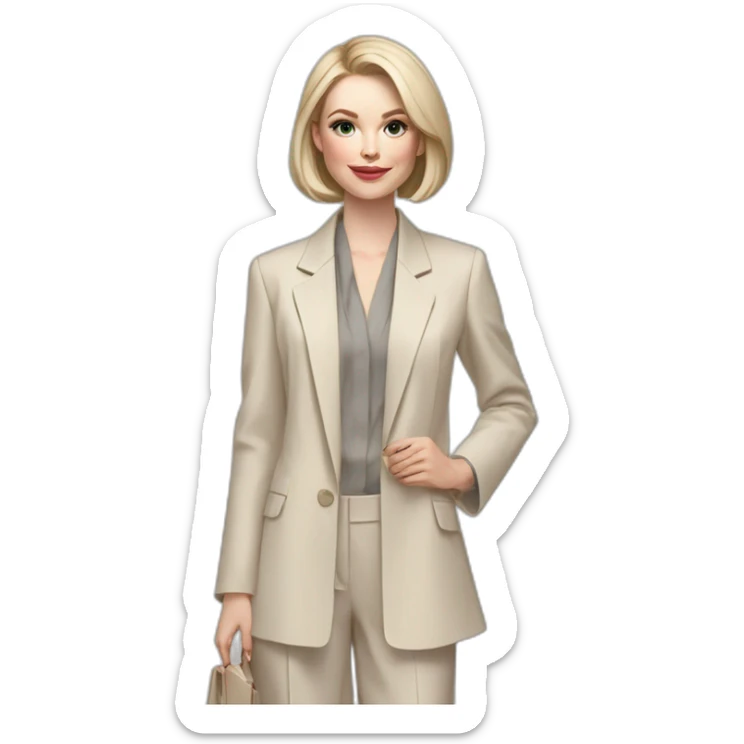 pale skin woman with ash blonde Straightened bob Hair, White Spacious classical jacket, beige palazzo Arrow pants and gray blouse holding a color palettes in the hands sticker