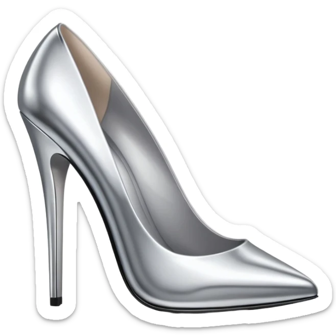A pair of high heel shoes emoji made of polished silver chrome, elegant sharp silhouette, smooth metallic surface, glossy reflections, luxury sexy vibe, minimalistic iOS emoji style, centered, clean white background sticker