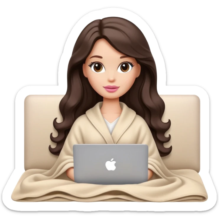 Barbie girl with a long wavy dark brown hair in pale beige clothes inside a pale beige blanket working macbook  sticker