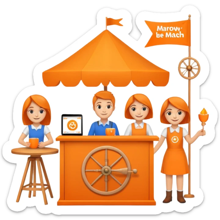 emoji of a recruitment booth. Two cartoon figures stand behind an orange colored table with 'MARROW, be a match' branding, a colorful spinning wheel, and a branded vertical banner. Simplified and cute. sticker