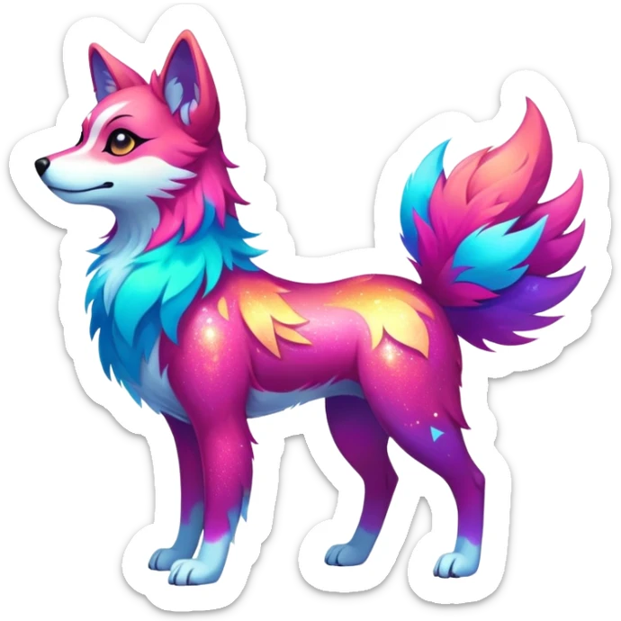 Vibrant multicolored neon-colored Falvie-Fionbri-creature-sparkle-dog-fursona, full body sticker