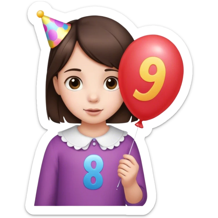 Little brunette girl with a birthday balloon that has a 9 on it sticker