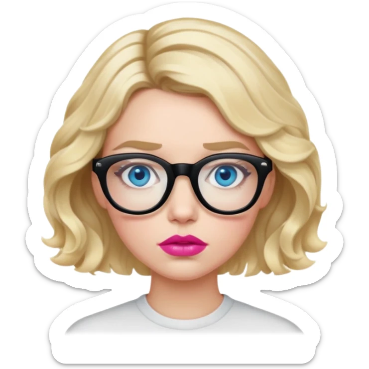 Blonde woman with short wavy hair, blue eyes and pink lips wearing black glasses looking like she is going to be sick sticker