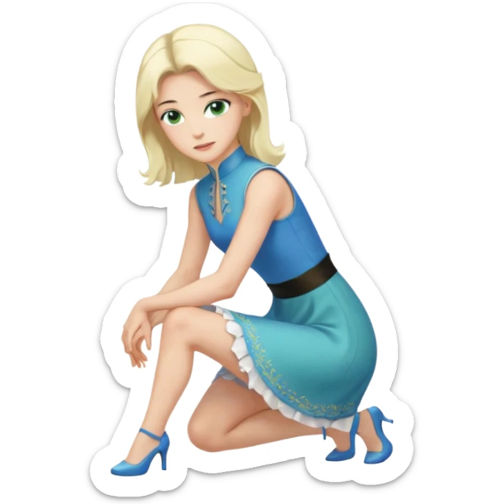prince, upright, black Hair, blue eyes, garment,  Woman, bending knee, sleveless white dress, blonde hair, green eyes, sticker