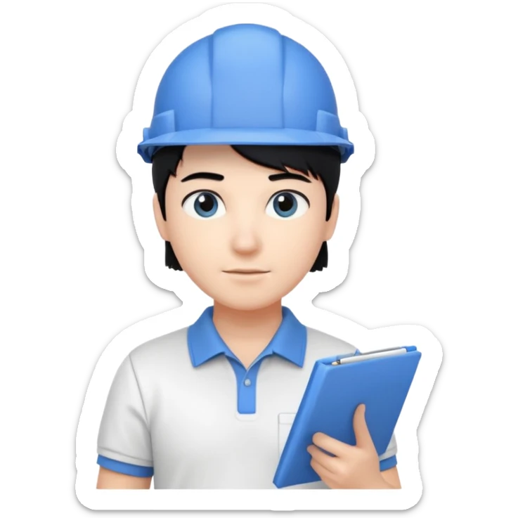 engineer wearing white polo touch of white holding blue print, black hair with headgear sticker