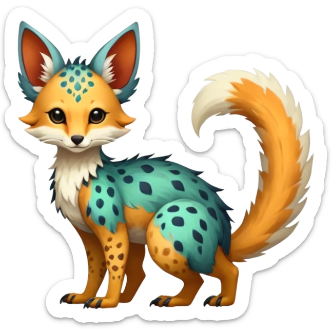 Feral Rare Fantasy vibrant Vernid-Trico-species by LiLaiRa, random markings, tufted tail, tufted ears, full body sticker