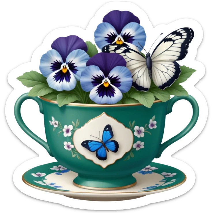 A cluster of blue and white pansies in an antique green porcelain cup, with a blue butterfly gently landing on a petal sticker