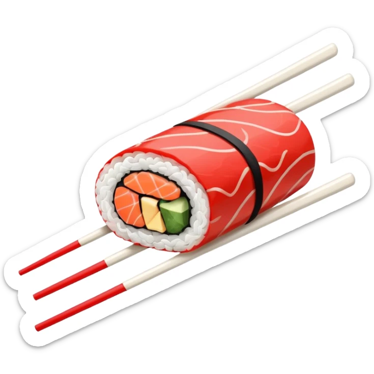 Japanese cuisine humanless avatar in minimalist emoji-style illustration. Sushi, roll and 2 chopsticks, clean lines, red white colors, flat design, calm and modern. sticker