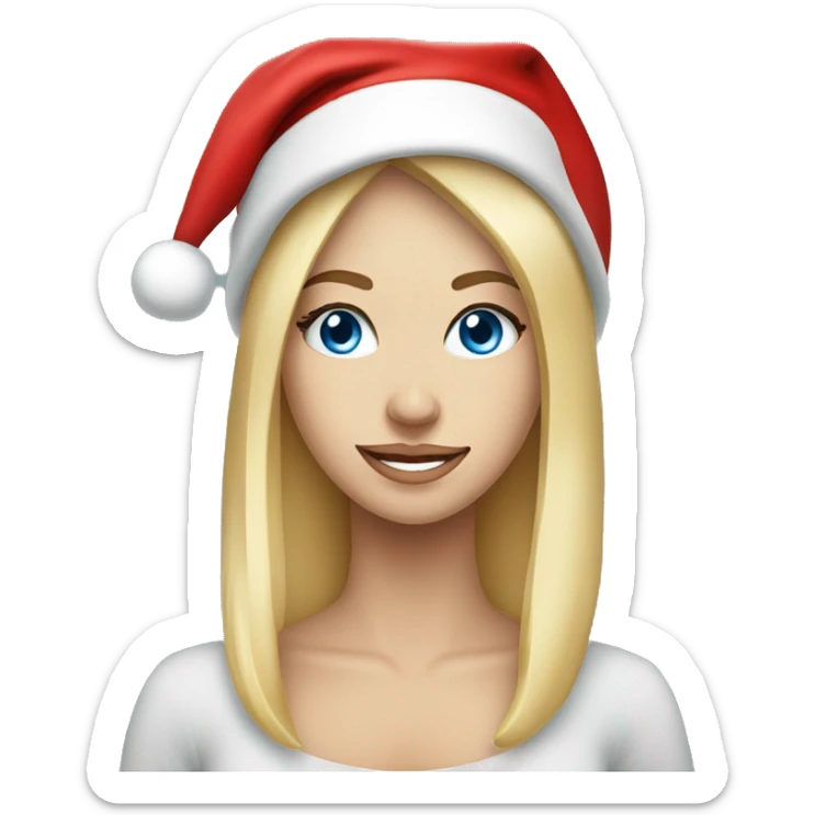 Beautiful blonde blue eyed woman, wearing red santa hat sticker