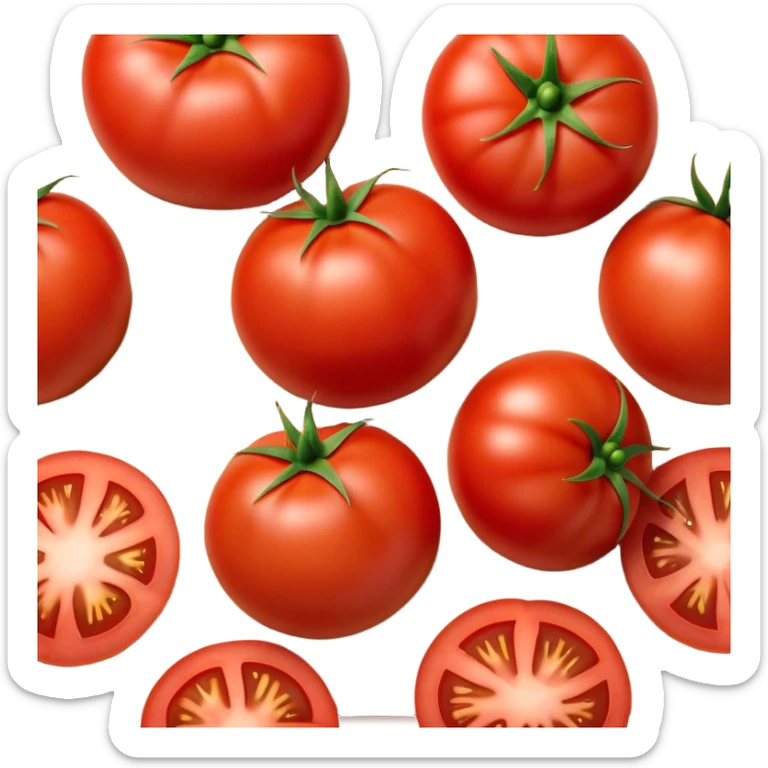 Cinematic juicy ripe tomatoe, deep red, slightly dewy, arranged on a wooden cutting board, soft glowing background, rich and flavorful. sticker