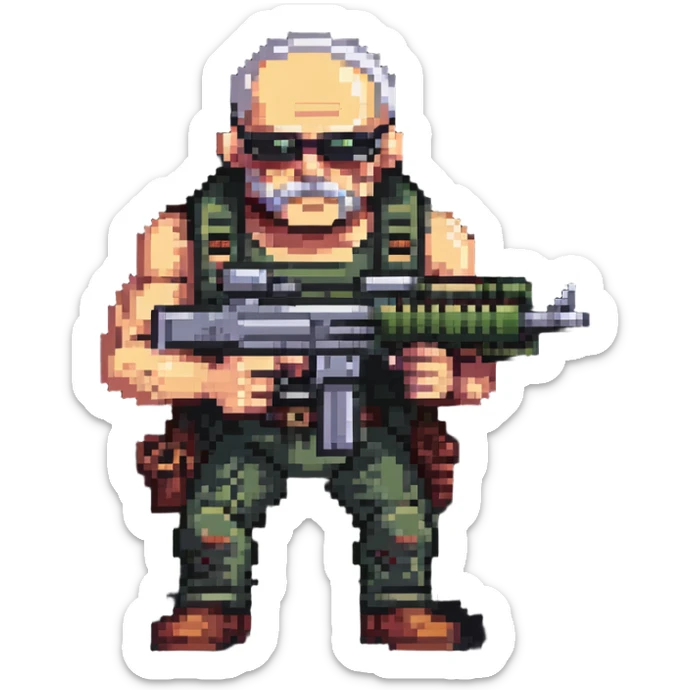 old skinny tough charismatic character from STALKER with a big machine gun sticker