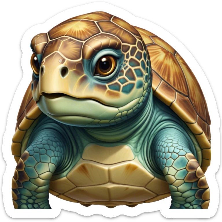 Cinematic Realistic Noble Sea Turtle Portrait Emoji, Poised and dignified, with a robust, time-worn shell intricately patterned in earthy tones and a weathered, wise face with deep, observant eyes, rendered with lifelike texture and natural, diffused light; high shine, intelligent and serene, styled with an air of oceanic majesty, focused and attentive, soft glowing outline, capturing the essence of a watchful and confident sea turtle that appears to glide out of the screen with timeless authority! sticker