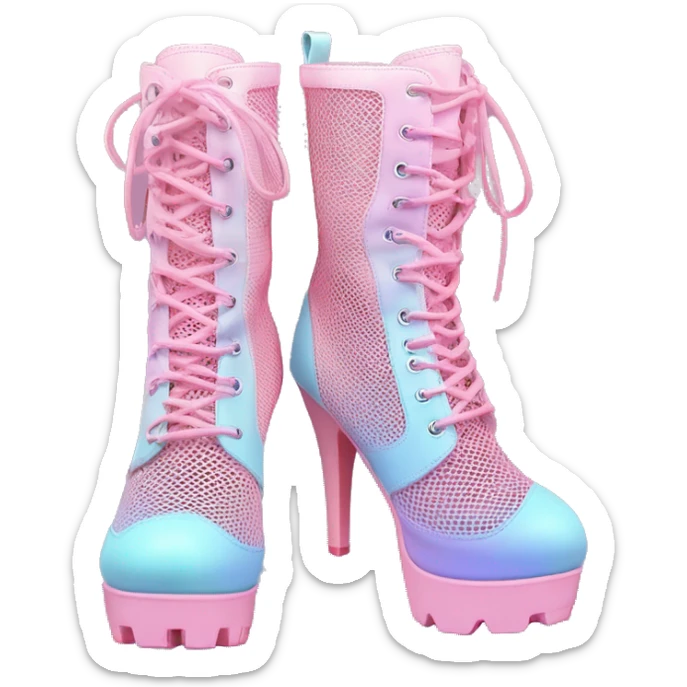 Realistic isolated top front view of a pair of pastel pink to pastel blue ombre pair of cut out mesh high heel combat boots. sticker