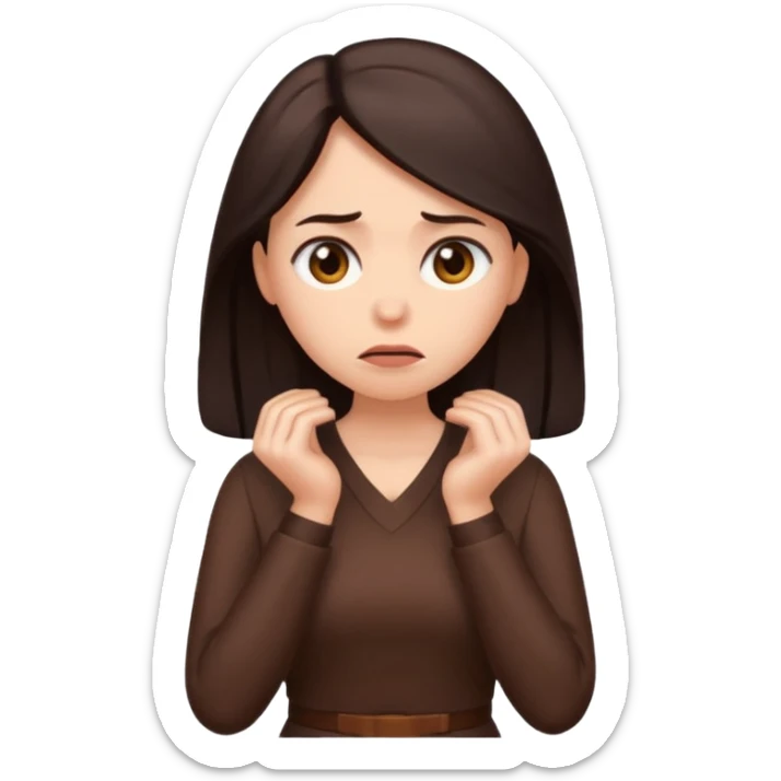 =Cartoon emoji of a woman with long, loose dark hair, wearing chocolate-colored clothes. Full-height, standing, nervous, unsure, worried expression. Slightly hunched, anxious posture. Smooth, simple, stylized sticker