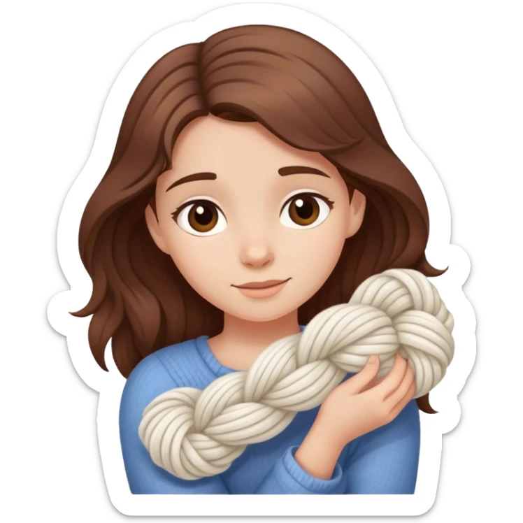 A girl with brown hair hugging a skein of white yarn  sticker