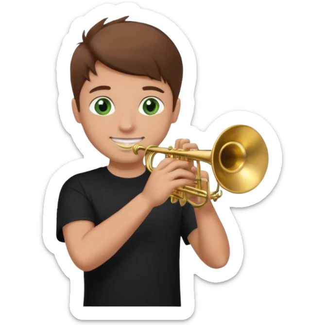 young man with brown hair that goes up, green eyes who plays a trumpet, black t shirt sticker